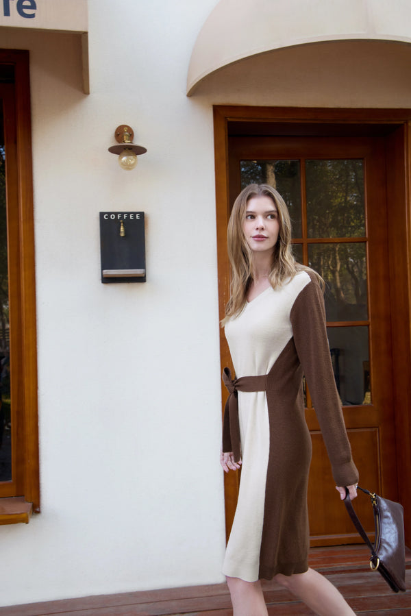 Sculptural Bicolor Belted Knit Dress