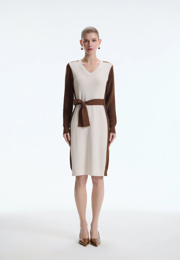 Sculptural Bicolor Belted Knit Dress