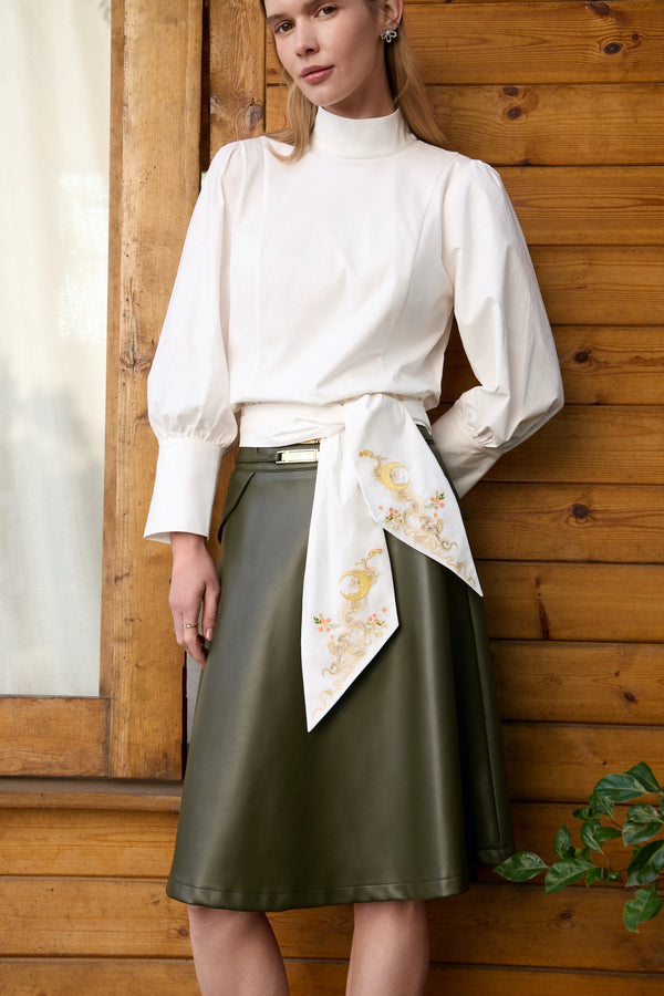 Optical Contouring Vegan Leather Midi Skirt