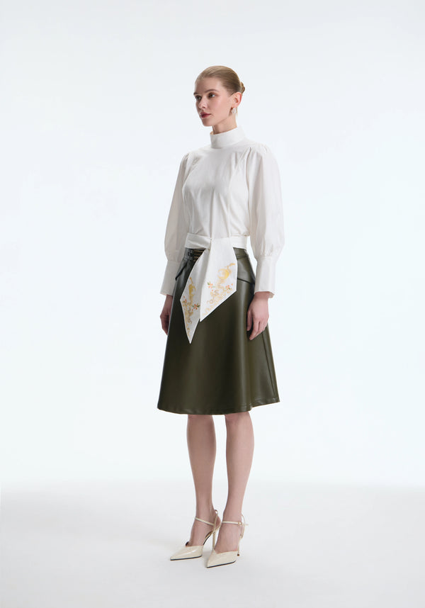 Optical Contouring Vegan Leather Midi Skirt